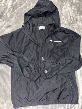 Champion Black Jacket with Hood and Tag Detail